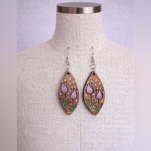 Handmade Wooden Lavender Tulip Floral Dangle Earrings HandPainted Artisan Spring